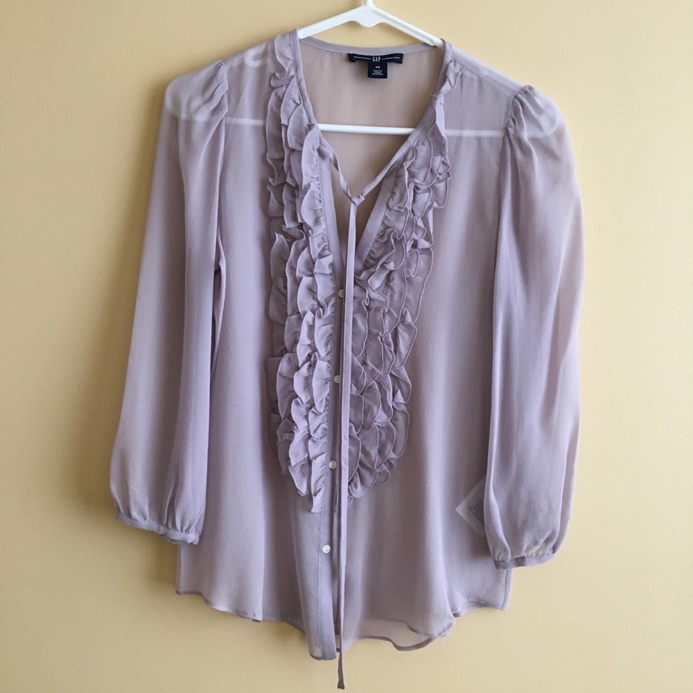 Gap Blouse, Sheer Silk, Ruffle Front, Lavender